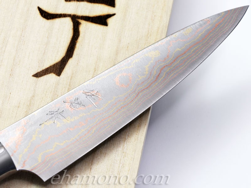 佐治武士作 青紙有色ダマスカス ペティナイフ アイアンウッドハンドル 