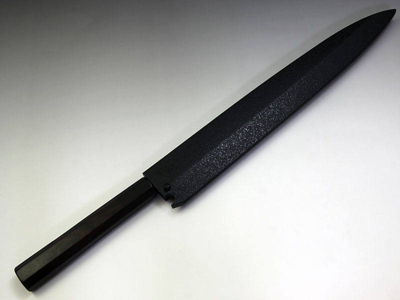 堺孝行 青二鋼鏡面研柳刃300 黒丹柄黒石目鞘付
