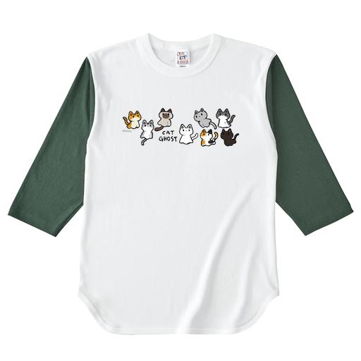 ねこおばけ8匹集合A バイカラー3/4スリーブ ベースボールTシャツ