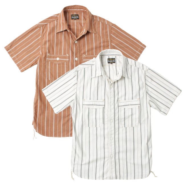 EIGHT-G(エイトジー) 4oz COTTON LINEN STRIPE WORK SHIRT / 2022春夏 / 8SS-33 / 日本製 / 半袖 / ワークシャツ ストライプシャツ / 綿麻 コットンリネン