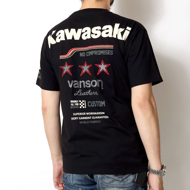 VANSON(バンソン) Kawasakiコラボ ロゴ刺繍半袖Tシャツ / KMV-2601