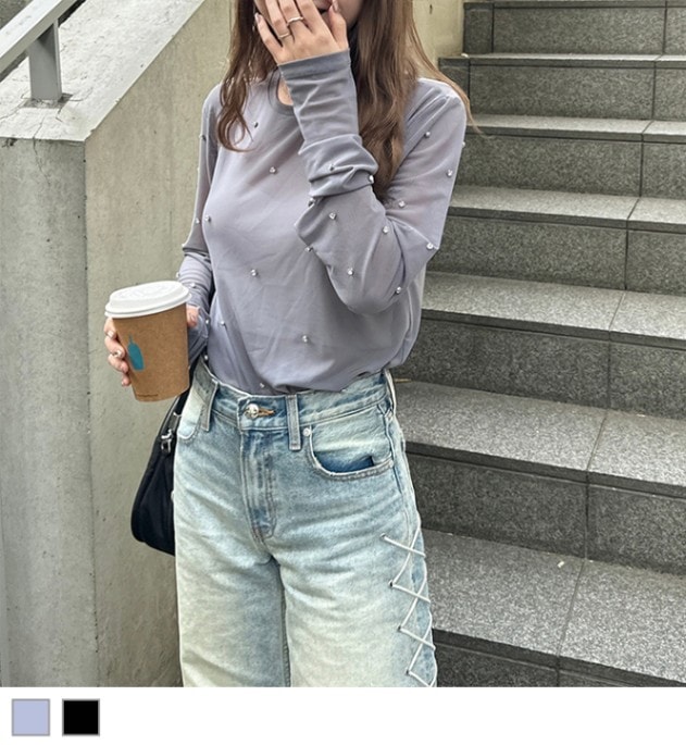 ESCADA 美品カットソー ビジュー Vネック シアー素材ビーズ飾り