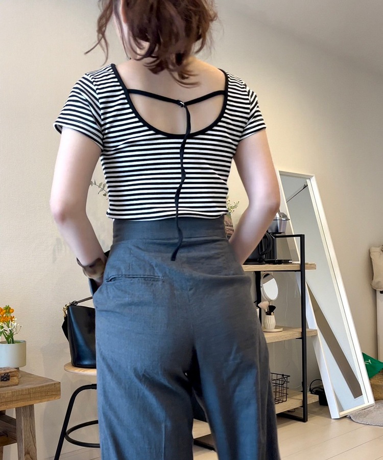 R&D.M.Co- コットンボーダーバックボタン長袖カットソー　ブラウン R&D.M.Co- ボーダー バックボタン 長袖Tシャツ カットソー ロン