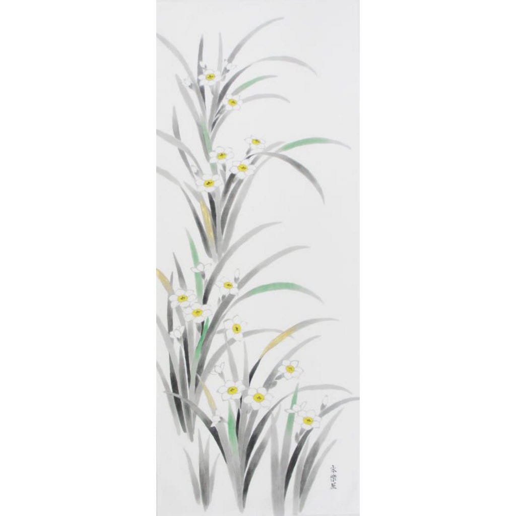 手描墨絵手ぬぐい２月「水仙」