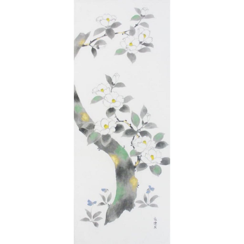 手描墨絵手ぬぐい３月「椿」