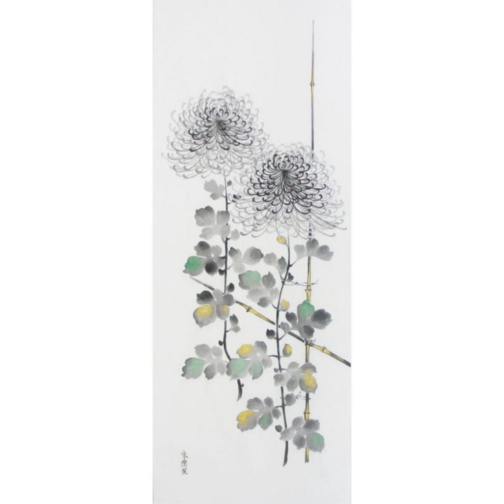 手描墨絵手ぬぐい１０月「菊」