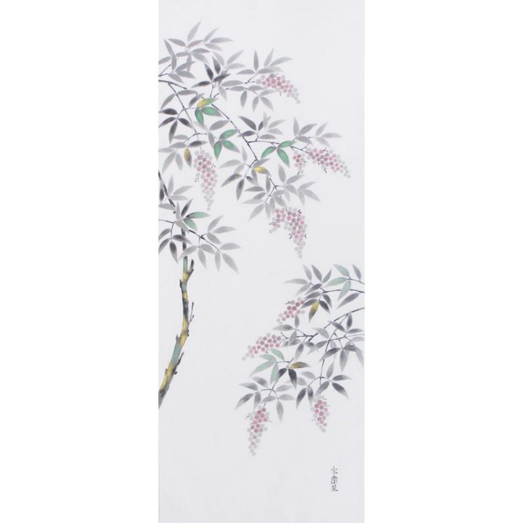 手描墨絵手ぬぐい１２月「南天」