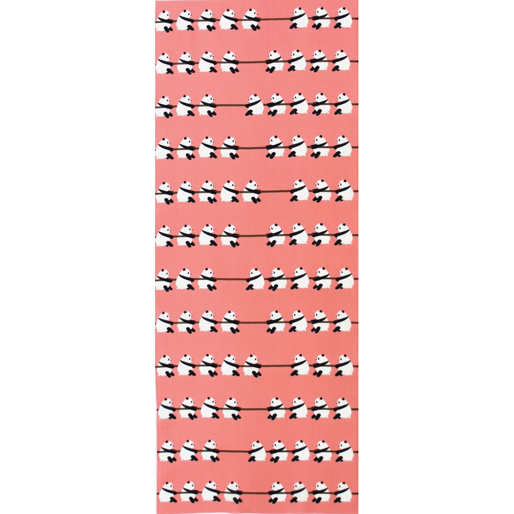 手ぬぐい総柄90㎝「綱引きパンダ」(サーモンピンク/ブラウン)