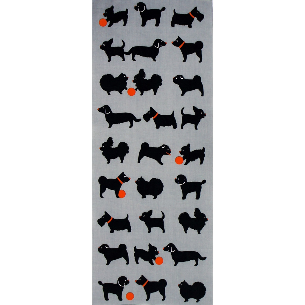 手ぬぐい総柄90㎝「Dogs」（グレー/オレンジ)