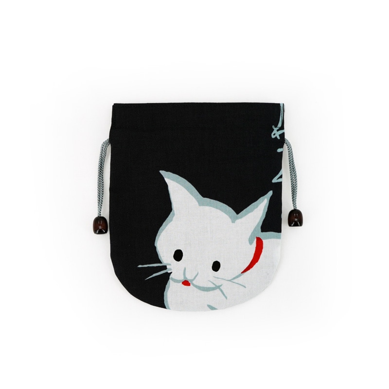 リバーシブル手ぬぐい巾着 「ねこダンス」