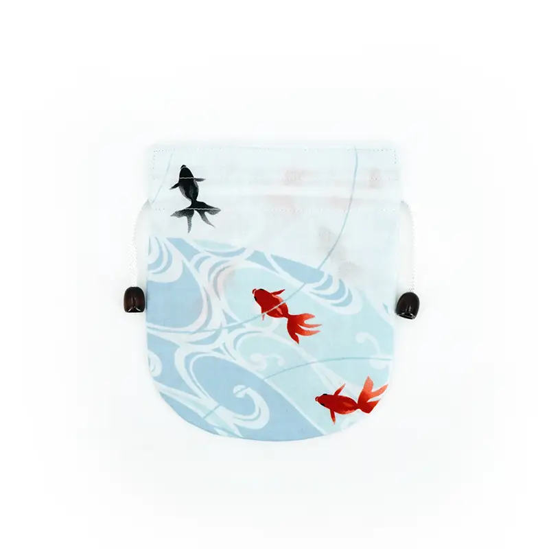 リバーシブル手ぬぐい巾着 「水紋金魚」（ブルー/レッド）