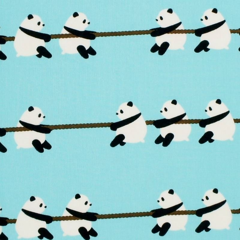 手ぬぐい総柄90㎝「綱引きパンダ」(ブルー/ブラウン)