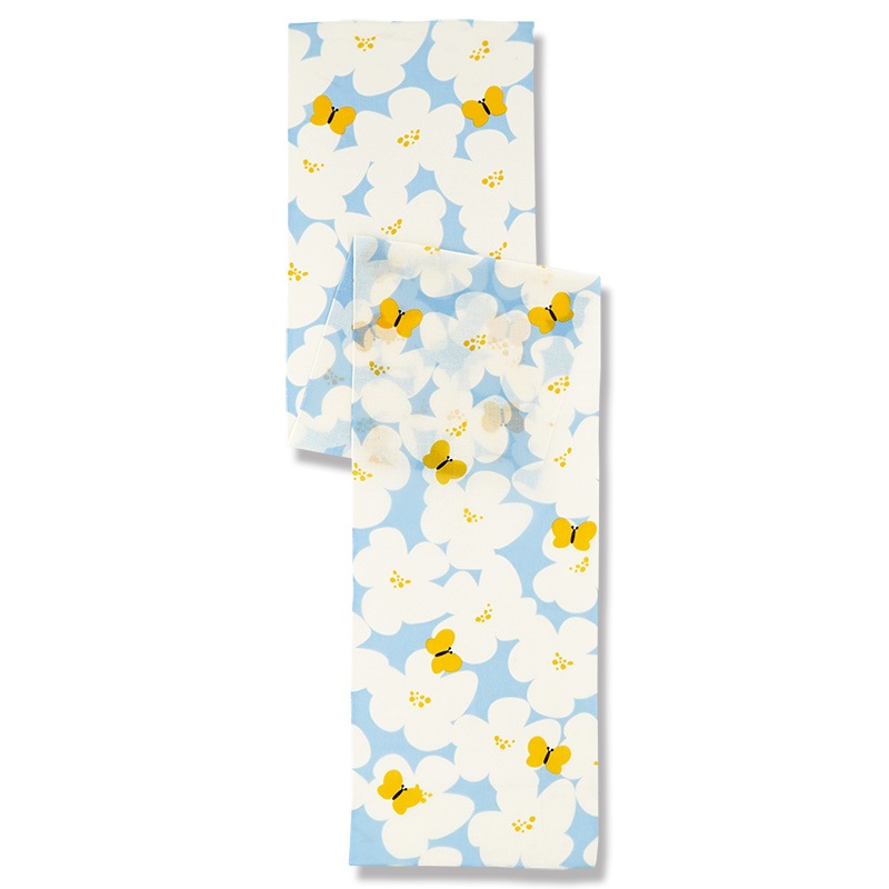 ガーゼ180cm「花と蝶」（ライトブルー/イエロー）
