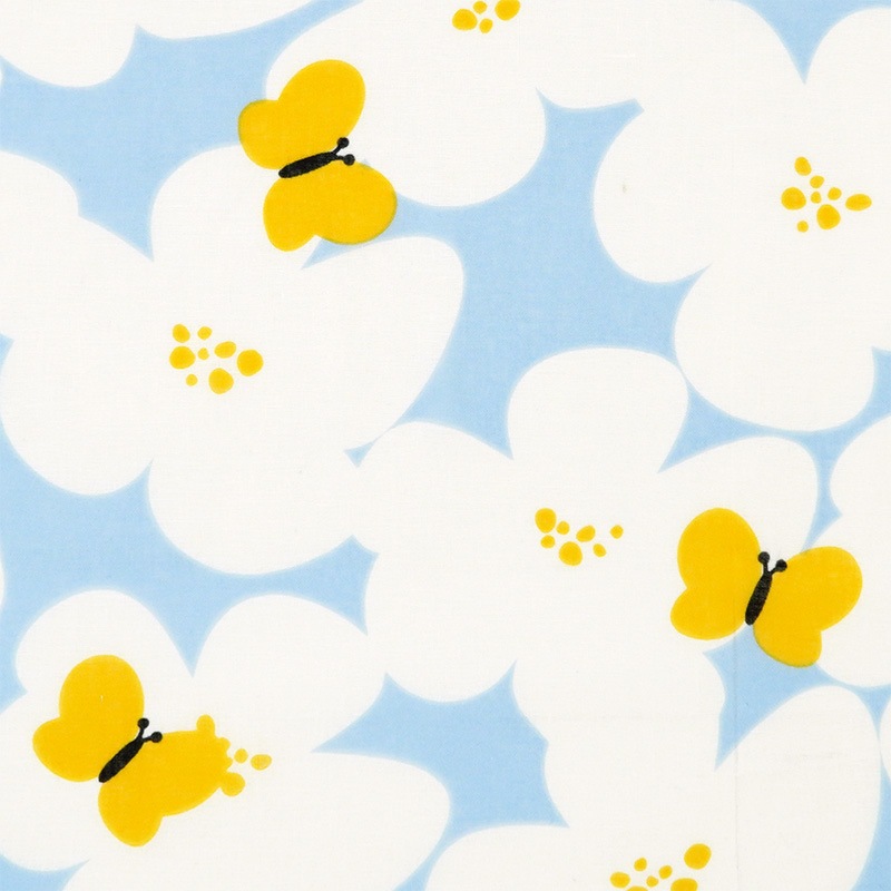 ガーゼ180cm「花と蝶」（ライトブルー/イエロー）