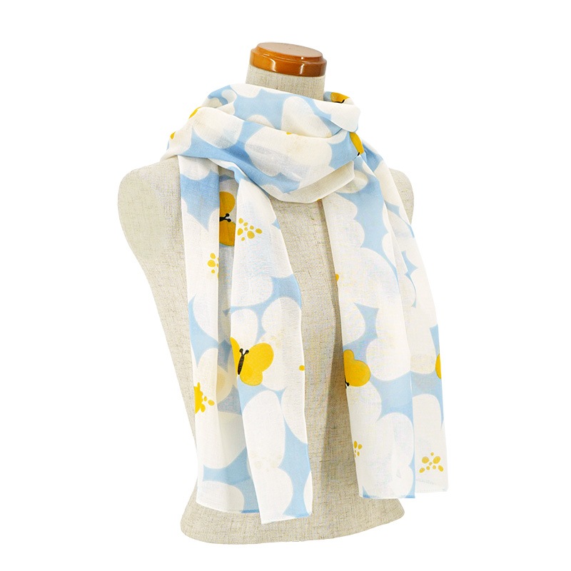 ガーゼ180cm「花と蝶」（ライトブルー/イエロー）