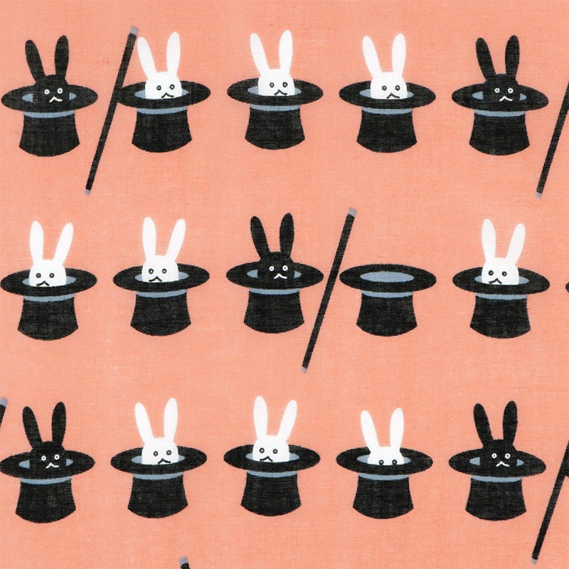 ガーゼ90cm「手品うさぎ」（コーラルピンク/グレー）