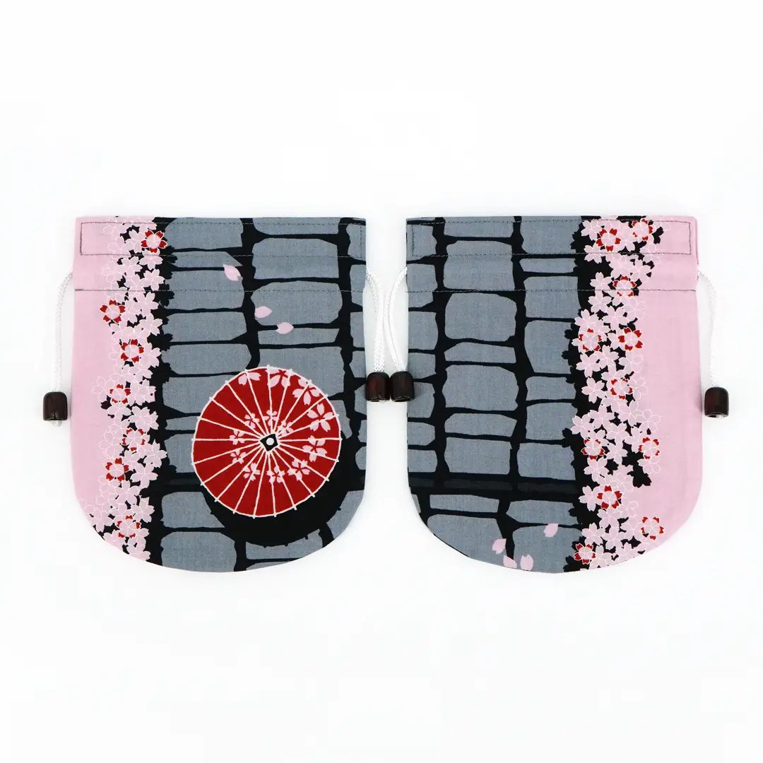 リバーシブル手ぬぐい巾着 「桜石畳」