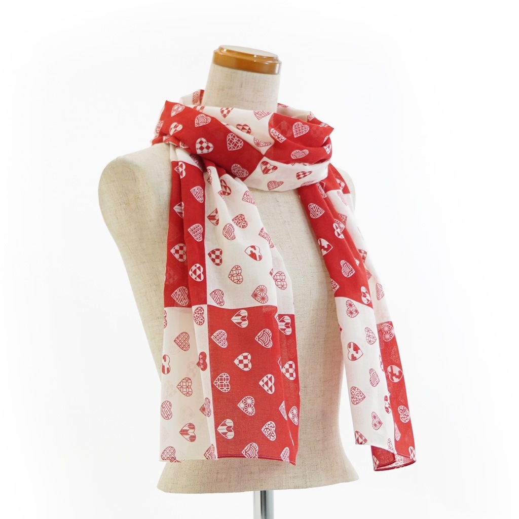 ガーゼ180cm 「ラブリ紋横市松」（レッド/ホワイト）