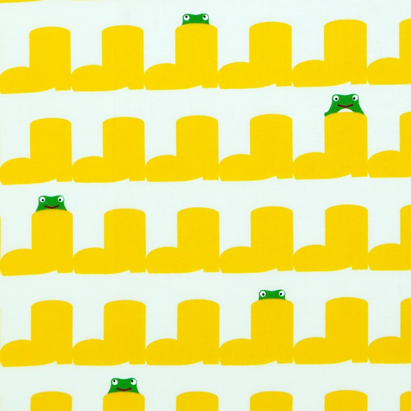 手ぬぐい総柄90cm「雨靴とカエル」（オフホワイト/イエロー）