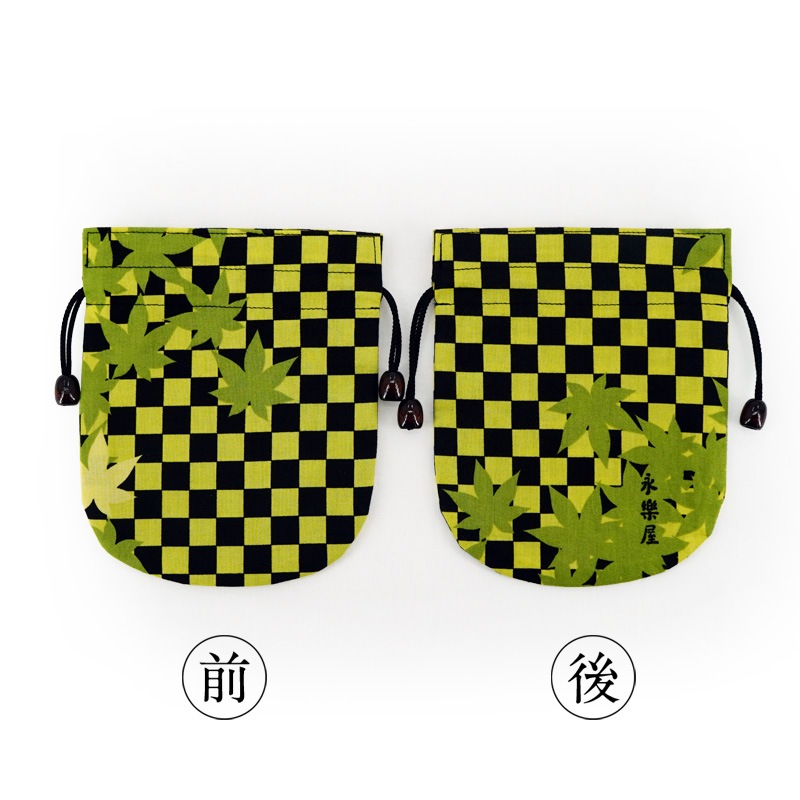 リバーシブル手ぬぐい巾着 「市松紅葉 グリーン」(TypeB)