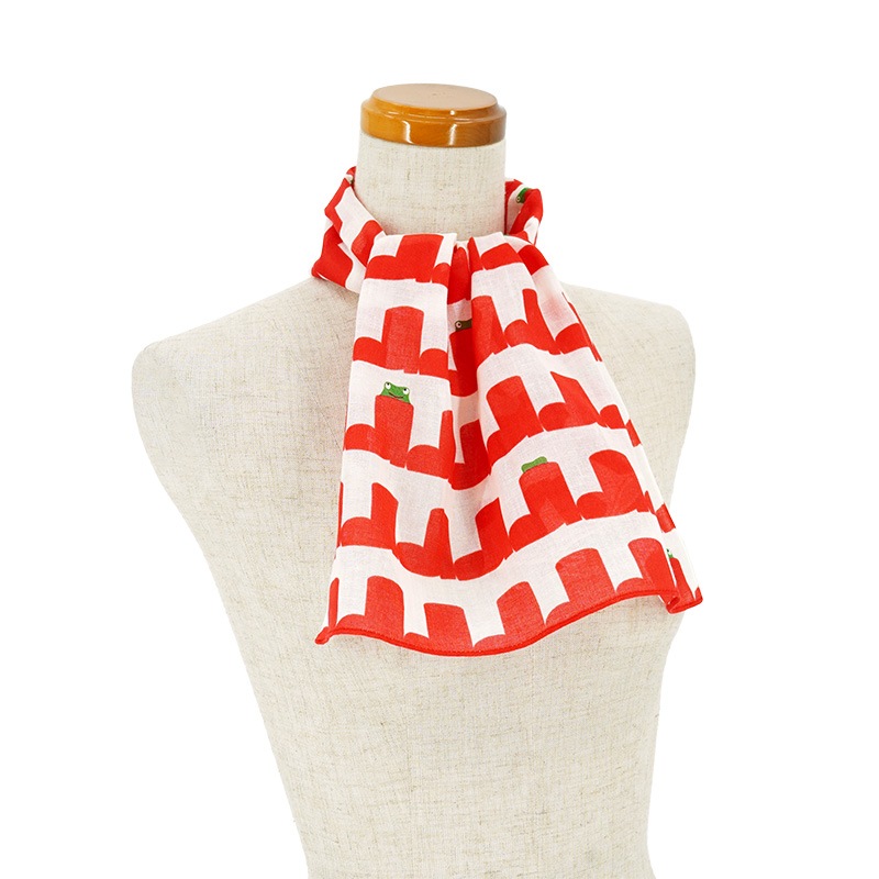 ガーゼ90cm「雨靴とカエル」（オフホワイト/レッド）