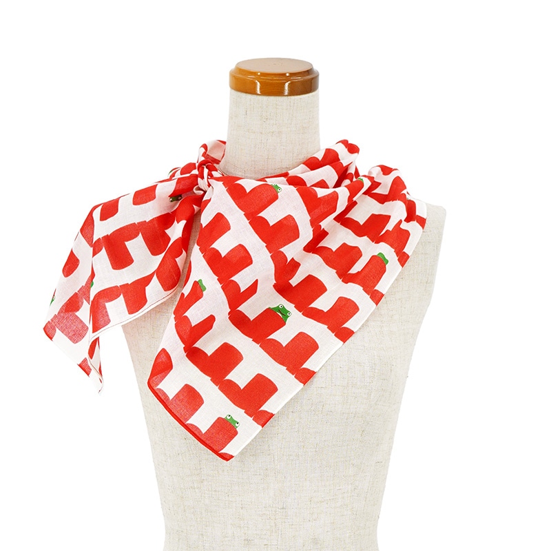 ガーゼ90cm「雨靴とカエル」（オフホワイト/レッド）