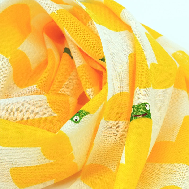 ガーゼ180cm「雨靴とカエル」（オフホワイト/イエロー）