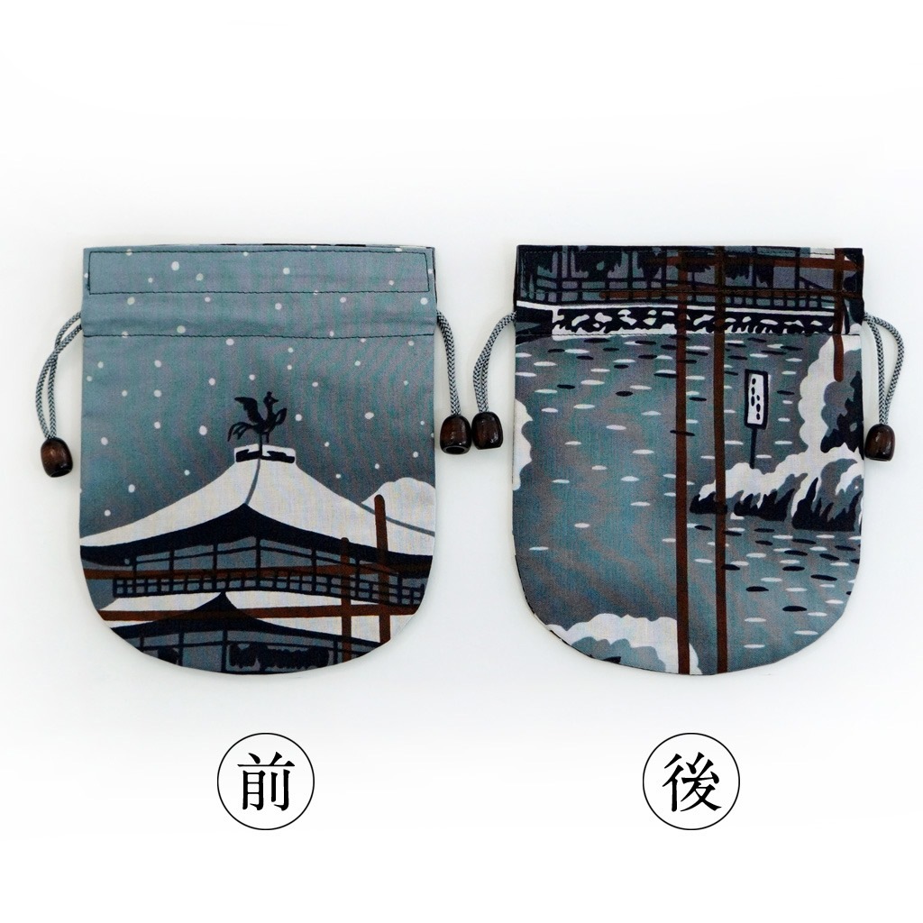 リバーシブル手ぬぐい巾着 「円窓の雪景色」