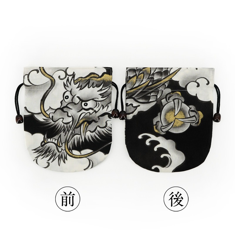 リバーシブル手ぬぐい巾着 「墨絵辰」
