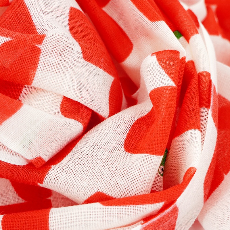 ガーゼ180cm「雨靴とカエル」（オフホワイト/レッド）