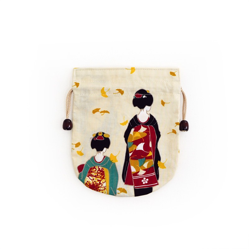 リバーシブル手ぬぐい巾着 「いちょうと舞妓さん」