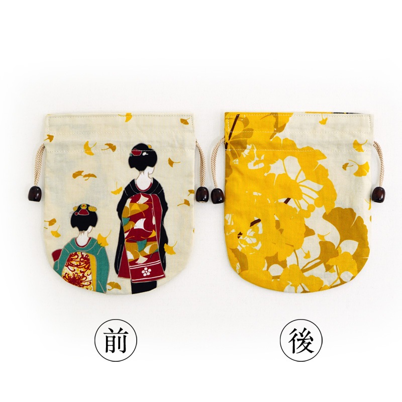 リバーシブル手ぬぐい巾着 「いちょうと舞妓さん」