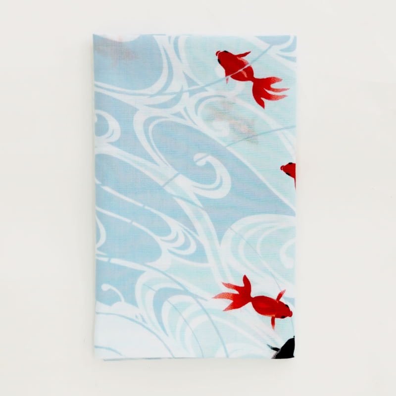 手ぬぐい総柄90cm「水紋金魚」（ブルー/レッド）