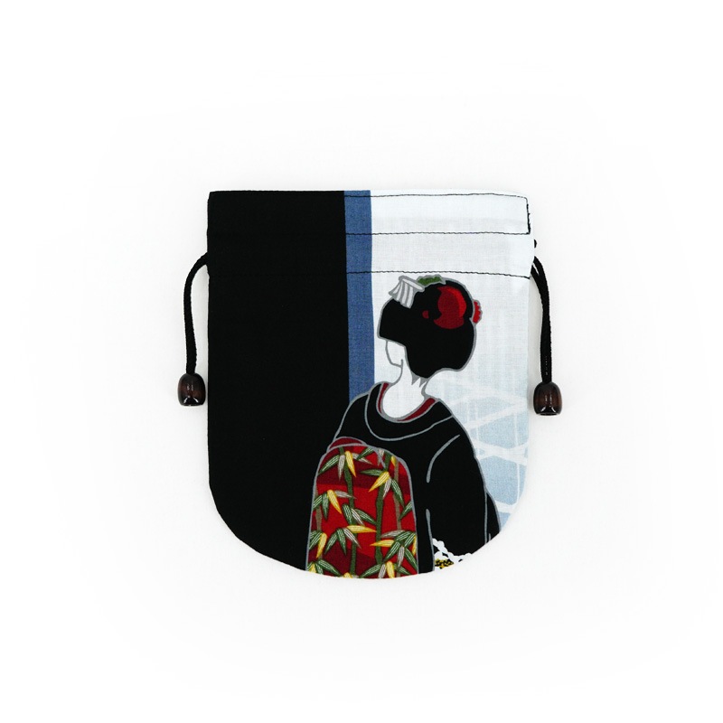 リバーシブル手ぬぐい巾着 「玄関猫と舞妓」