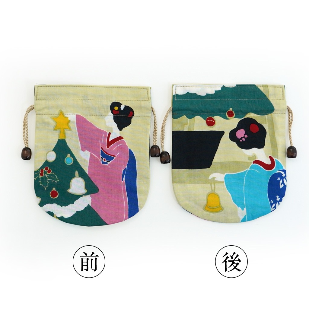 リバーシブル手ぬぐい巾着 「舞妓さんのクリスマス」