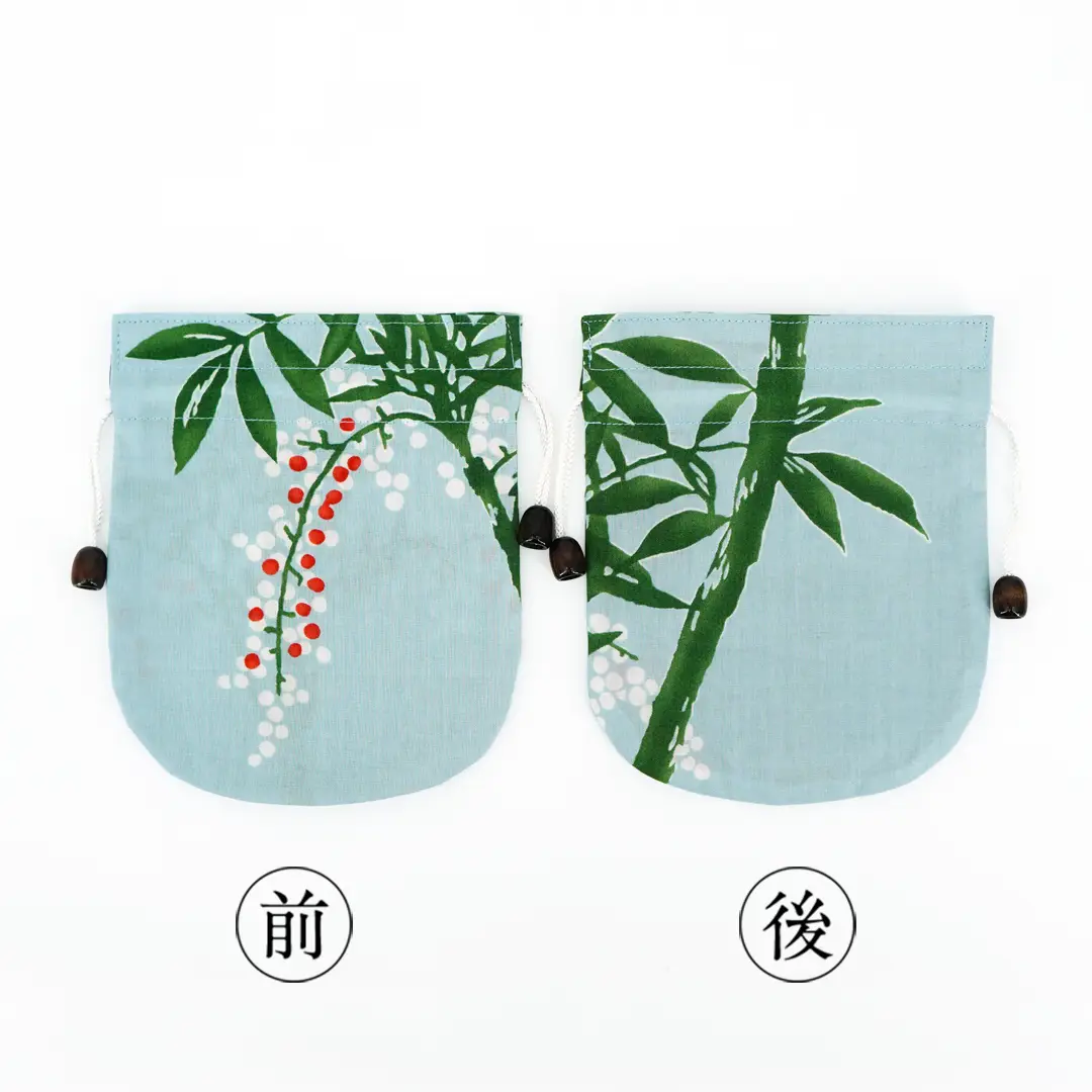 リバーシブル手ぬぐい巾着「南天」