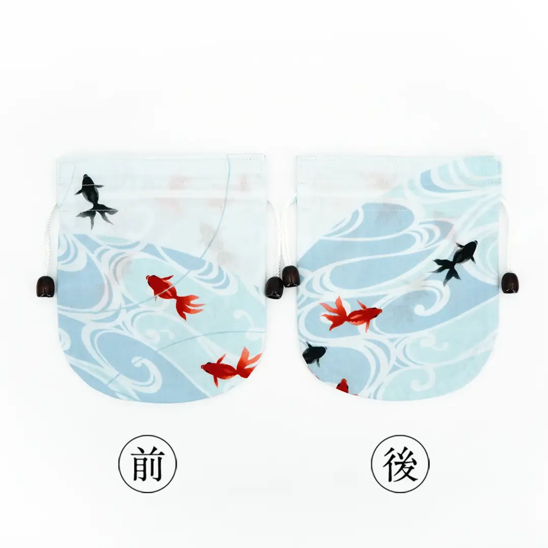 リバーシブル手ぬぐい巾着 「水紋金魚」（ブルー/レッド）
