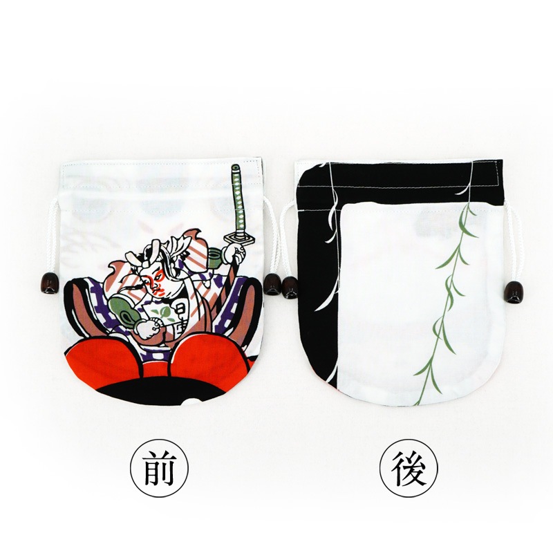 リバーシブル手ぬぐい巾着 「縁取り桃太郎・夏」（ブラック）