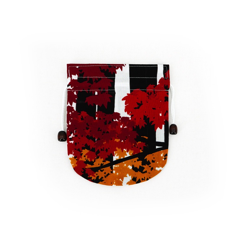 リバーシブル手ぬぐい巾着 「竹林に紅葉」（レッド）