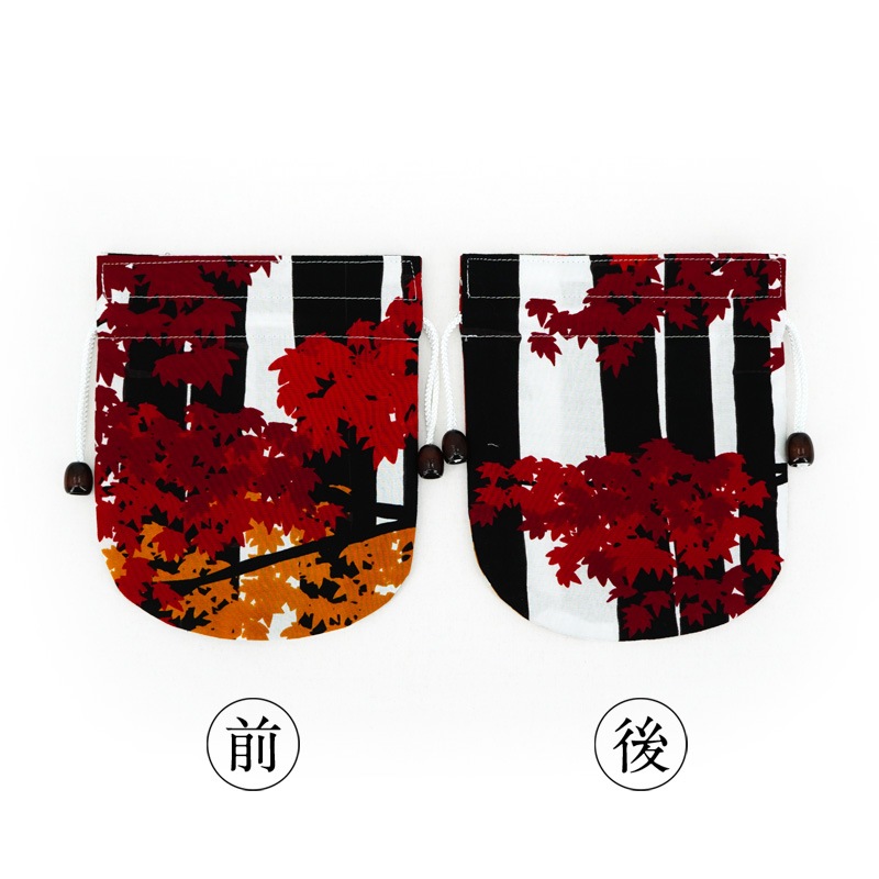 リバーシブル手ぬぐい巾着 「竹林に紅葉」（レッド）