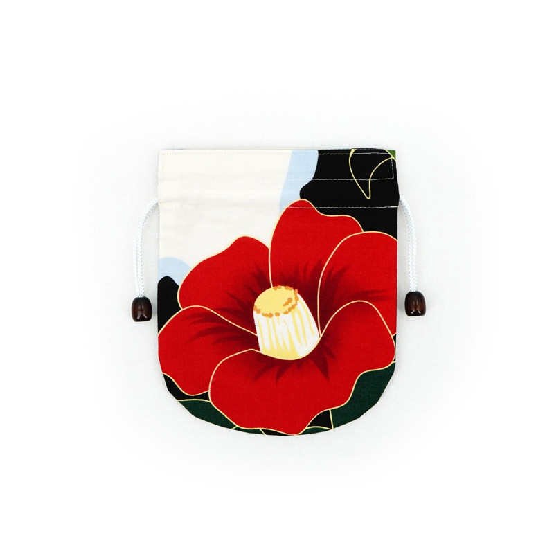 リバーシブル手ぬぐい巾着 「椿」