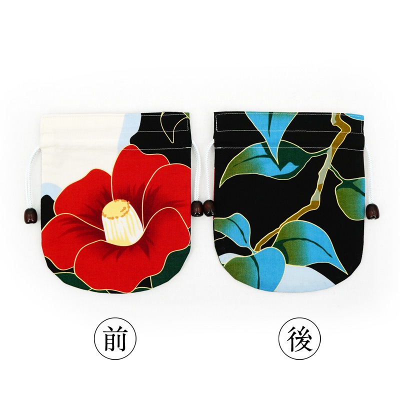 リバーシブル手ぬぐい巾着 「椿」