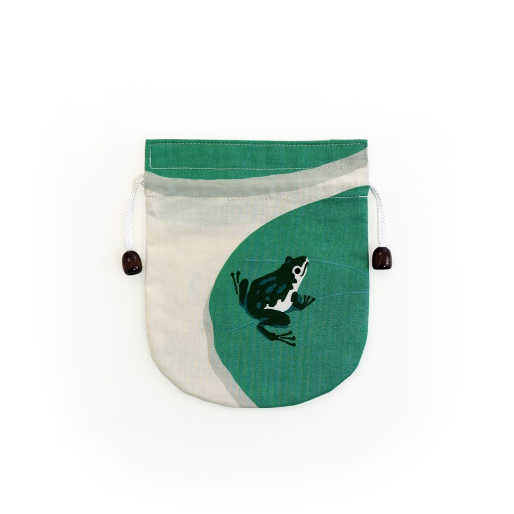 リバーシブル手ぬぐい巾着 「睡蓮に蛙」