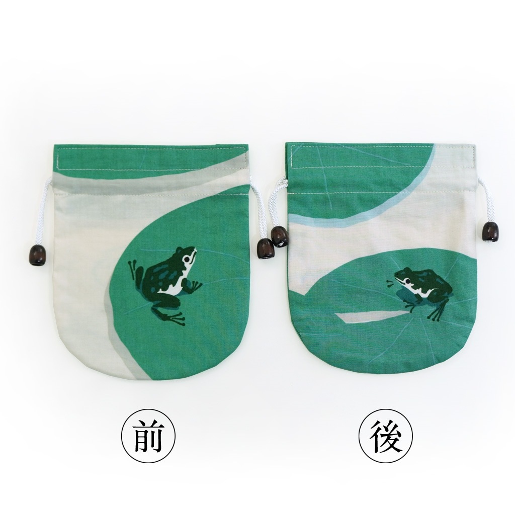リバーシブル手ぬぐい巾着 「睡蓮に蛙」