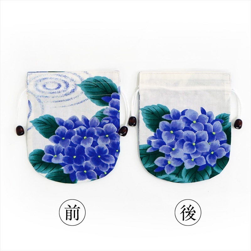 リバーシブル手ぬぐい巾着 「水紋に紫陽花」
