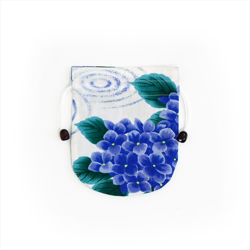 リバーシブル手ぬぐい巾着 「水紋に紫陽花」