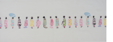 ガーゼ90㎝ 「舞妓並べ」（オフ/ピンク） | ガーゼ手ぬぐい,長さ 90cm