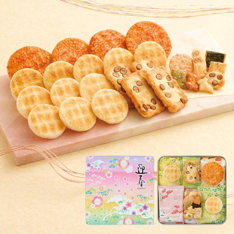 迎春 缶 21袋入 | 迎春 | おかき・おせんべい専門店 えくぼ屋