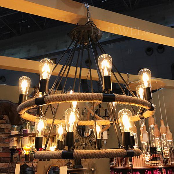 インダストリアル・スタイル照明 フープ型ロープ　14灯(Φ800×H900mm)