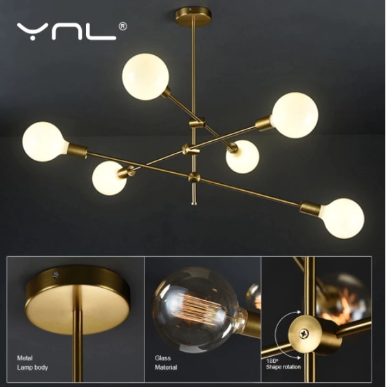 【リーズナブル】【YNL】ガラスボールデザイン照明 ゴールド 6灯（W730×H710mm） 